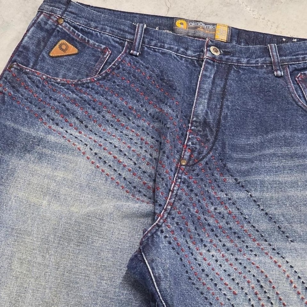 Vintage 90s 00s Alademiks Japanese Sashiko Dark wash denim jeans with stitching - Picture 2 of 5